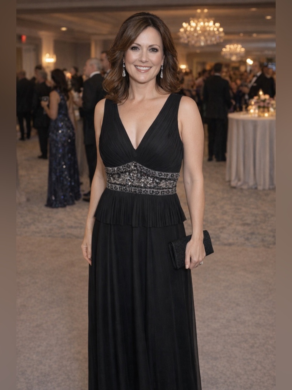 JS COLLECTION - Black Sequin/jewel Embellished V-neck Gown. Pleated peplum. 12